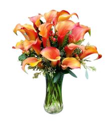 Autumn calla lilies with Fall accents in cylinder vase