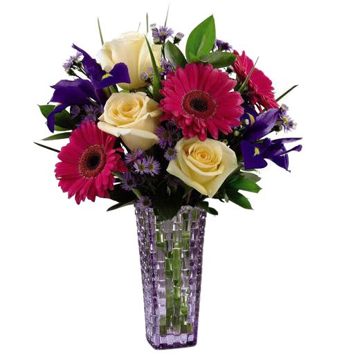 FTD Hello Happiness Bouquet with assorted pink, purple and cream flowers in decorative vase Small