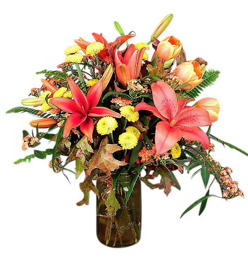 Southern hospitality bouquet of orange lilies, orange tulips and yellow poms in a mason jar