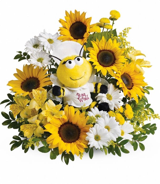Teleflora Bee Well bouquet with yellow and white flowers and bee plush - Premium